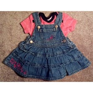 Girl's Size 3-6 M Months 2 Pc Blue Denim Floral Butterfly Osh Kosh Dress + Top